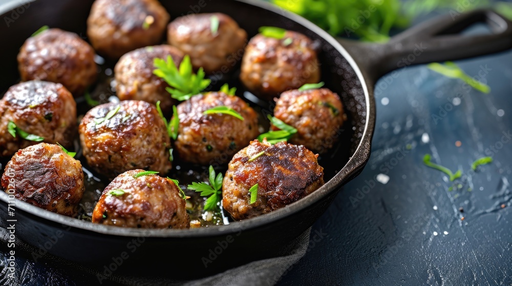 A pan filled with meatballs covered in a delicious sauce. Perfect for a hearty meal or Italian cuisine A pan filled with meatballs covered in a delicious sauce. Perfect for a hearty meal or Italian cuisine