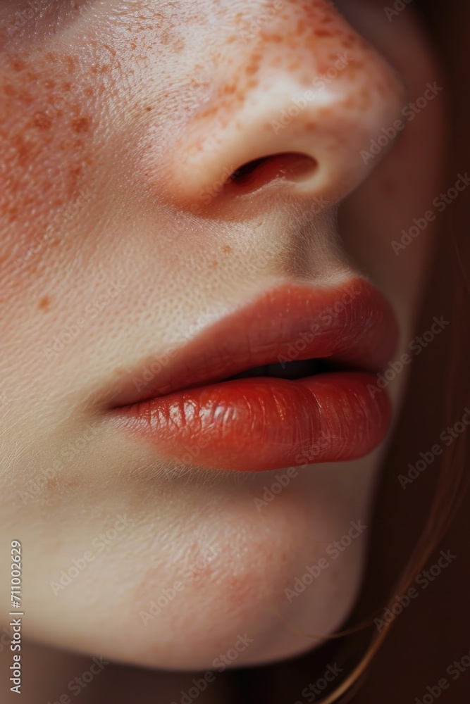Obraz premium Close up of a woman's face with freckles. Versatile image suitable for beauty, skincare, or natural makeup concepts