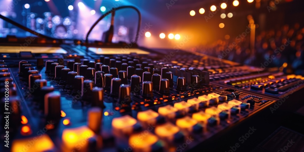 A close up shot of a sound board with vibrant lights in the background. Perfect for music events and concert-themed designs - obrazy, fototapety, plakaty 