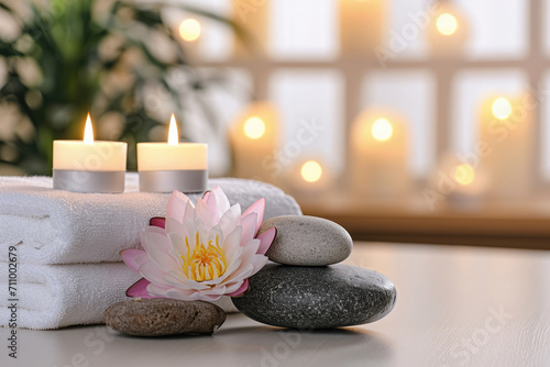 Candles and lotus flowers White towel lying on the table  set for relaxation  spa salon