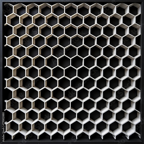 Generative AI image of thin white beveled honeycomb simple pattern on black background  grid-based