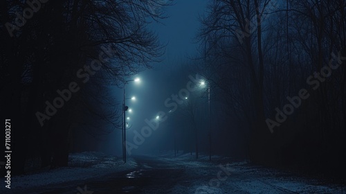 A street light illuminating a snowy road at night. Perfect for winter-themed projects or depicting a peaceful winter night scene