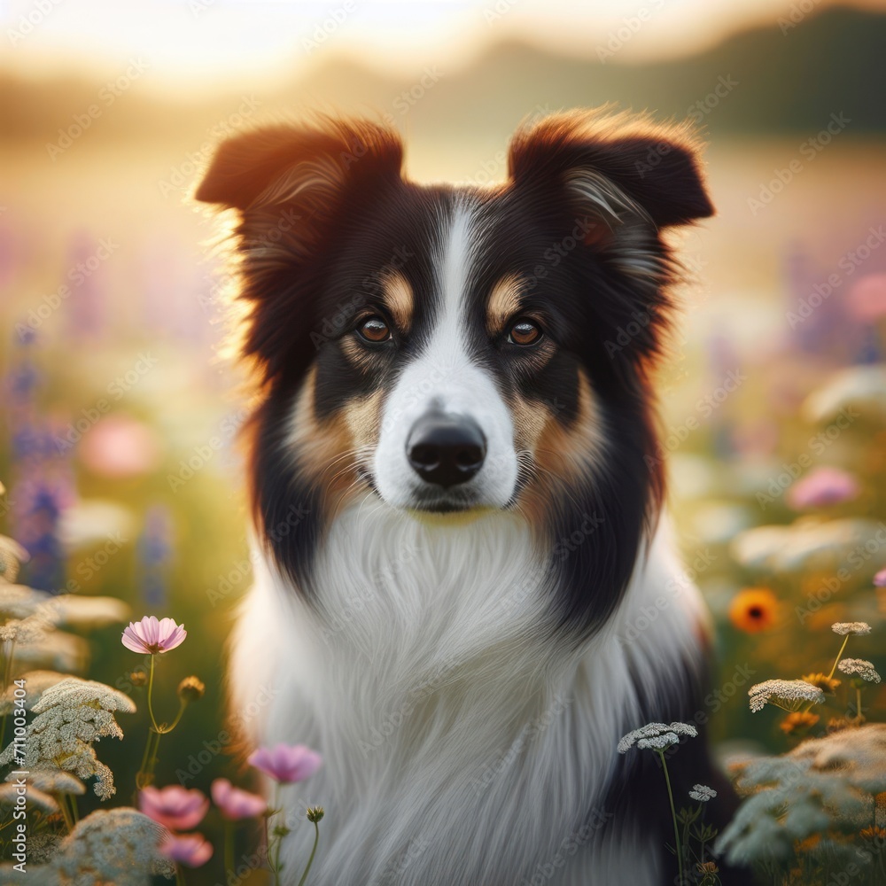 Fototapeta premium Border collie in blossoming meadow at sunset