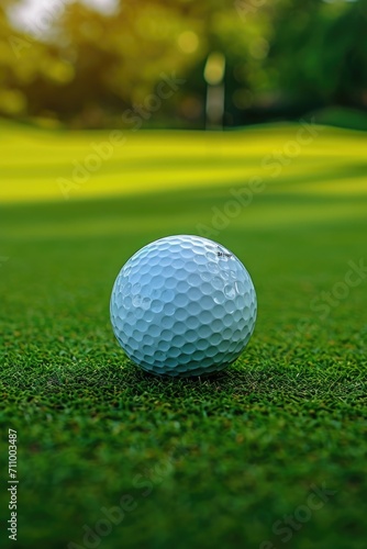 A golf ball sitting on top of a lush green field. Perfect for sports and outdoor enthusiasts