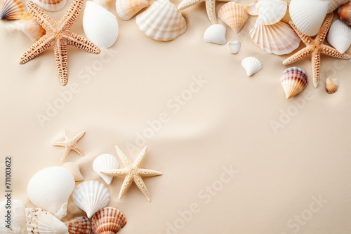 Generative AI image of Top view of a sandy beach with seashells and starfish copy space banner