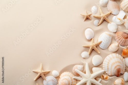 Generative AI image of Top nerview of a sandy beach with seashells and starfish copy space ban