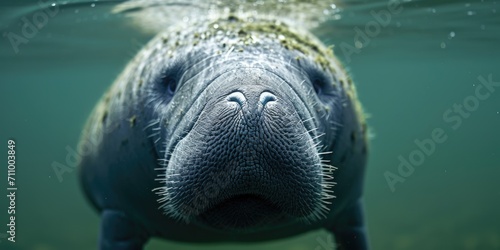 A detailed close-up image of a manatee swimming in the water. Suitable for aquatic and marine life themes photo