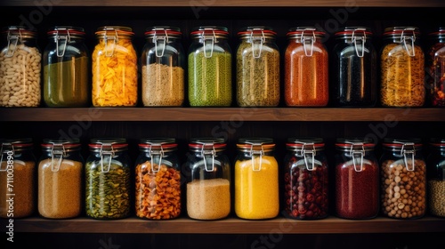 Organized Pantry Shelves with Various Food Ingredients © Andrii