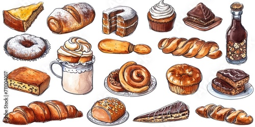 A delightful drawing showcasing a variety of pastries and sweet treats. Perfect for illustrating bakery menus or creating mouthwatering food-themed designs