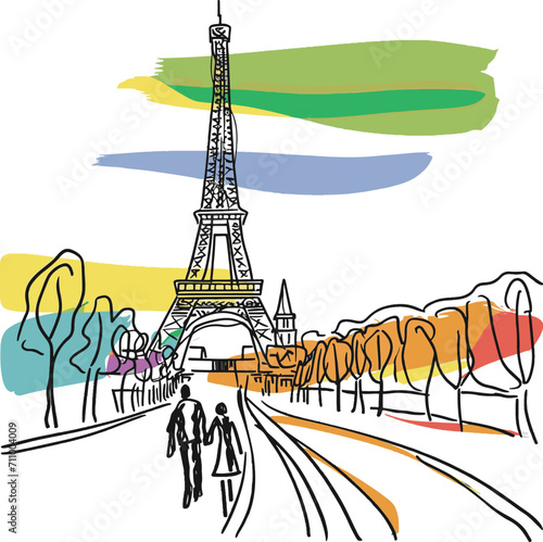 View of the Eiffel tower  Paris France in a hand drawn sketch style