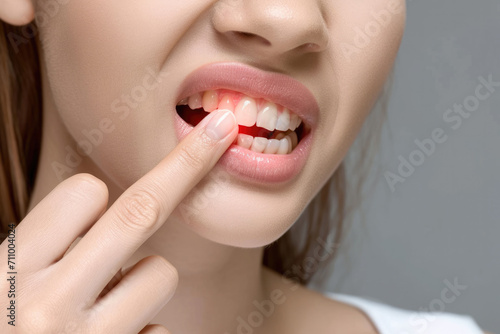 Girl with beautiful white teeth shows inflamed gums fingers  gum teeth problem