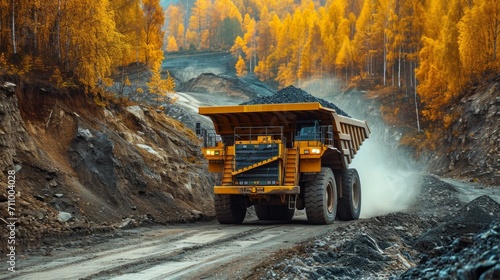 Large quarry dump truck. Dump truck carrying coal, sand and rock. Trucks moving on dirt country road in forest. Mining truck mining machinery to transport coal from open-pit. Transportation of mineral photo