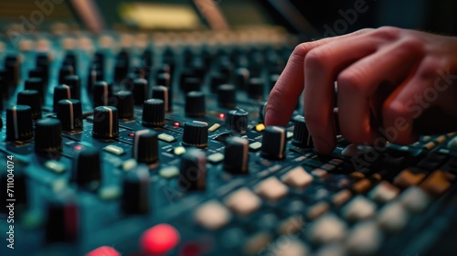 A close up of a person's hand on a sound board. Ideal for illustrating audio production, music recording, or live sound engineering.