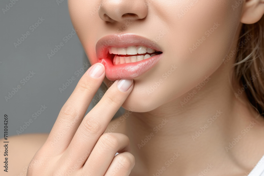 Inflammation of gums in the mouth girl touches inflamed part of the mouth with her finger Inflammation of gums in the mouth girl touches inflamed part of the mouth with her finger