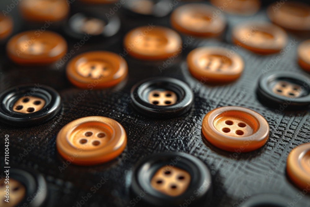 A collection of orange and black buttons on a black surface. Suitable for various design projects A collection of orange and black buttons on a black surface. Suitable for various design projects