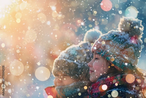 Two little girls standing in the snow. Perfect for winter-themed projects and holiday greetings © Fotograf