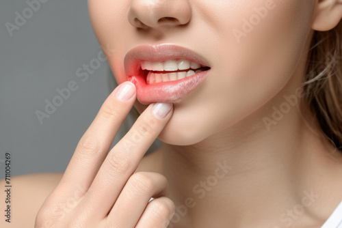 Inflammation of gums in the mouth girl touches inflamed part of the mouth with her finger photo