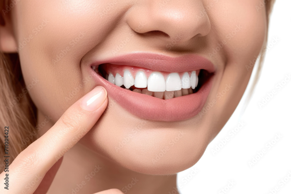A girl with a perfect smile and white teeth points her fingers at her teeth and smiles on a white background A girl with a perfect smile and white teeth points her fingers at her teeth and smiles on a white background