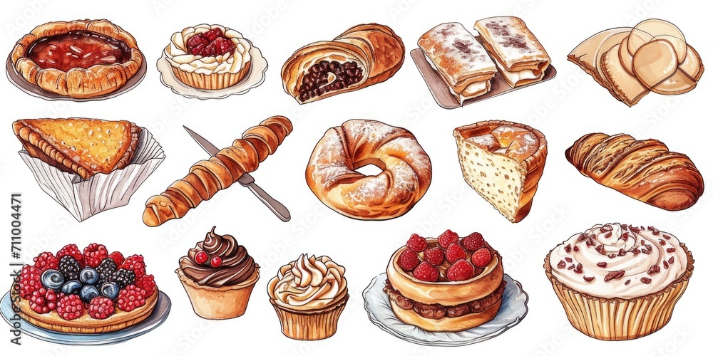 A collection of different types of pastries and baked goods. Perfect for bakery advertisements or food-related designs