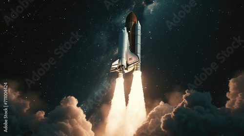 A space shuttle taking off into the sky. Suitable for technology, space exploration, and futuristic concepts photo