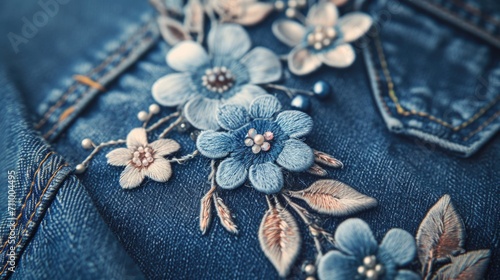A detailed close-up of a denim jacket adorned with beautiful flowers. This trendy jacket is a perfect addition to any casual outfit.