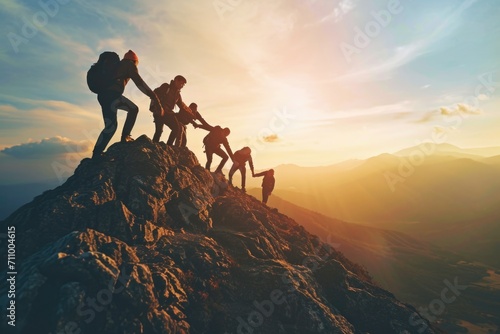 A group of people standing on top of a mountain, holding hands. This image can be used to symbolize teamwork, success, and unity. Suitable for various projects and designs