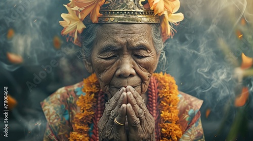A picture of an old woman wearing a crown. This image can be used to represent royalty, aging, or wisdom photo