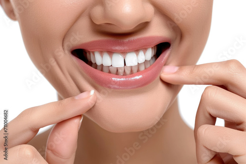 A girl with a perfect smile and white teeth points her fingers at her teeth and smiles on a white background
