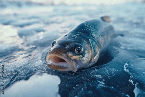 A fish with its mouth open lying on ice. Perfect for illustrating the cold environment of the fish market or showcasing the freshness of seafood