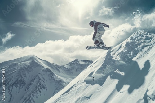 A man riding a snowboard down a snow covered slope. Can be used for winter sports or adventure-themed designs © Fotograf