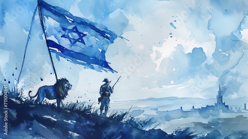 Generative AI image of watercolor painting of Israelis soldiers on a flag of israel photo