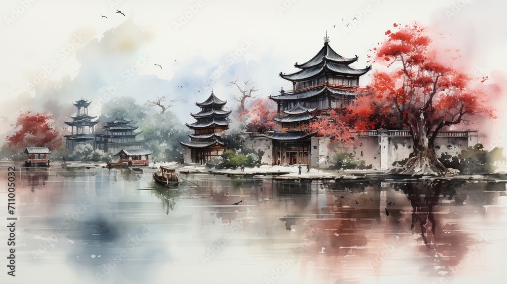 Obraz premium Oriental watercolor painting of an ancient water town