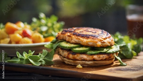 Highlight the succulence of a perfectly grilled chicken patty  focusing on the glistening surface that promises juicy tenderness. - Generative AI