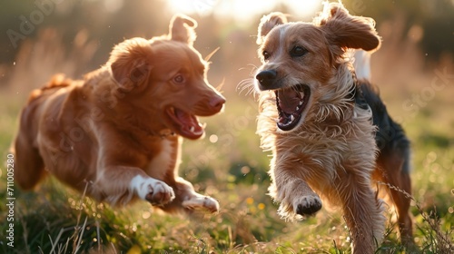 Two dogs are seen running across a vibrant green field. This image can be used to depict freedom, playfulness, and the joy of being outdoors