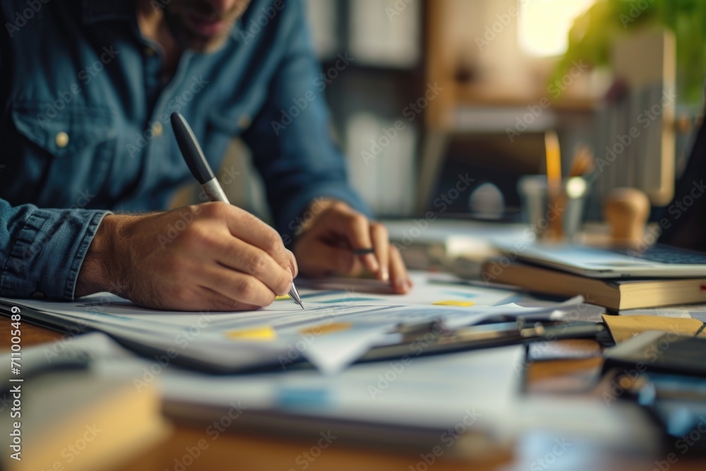 A man sitting at a table, using a pen and paper. This image can be used for various purposes A man sitting at a table, using a pen and paper. This image can be used for various purposes