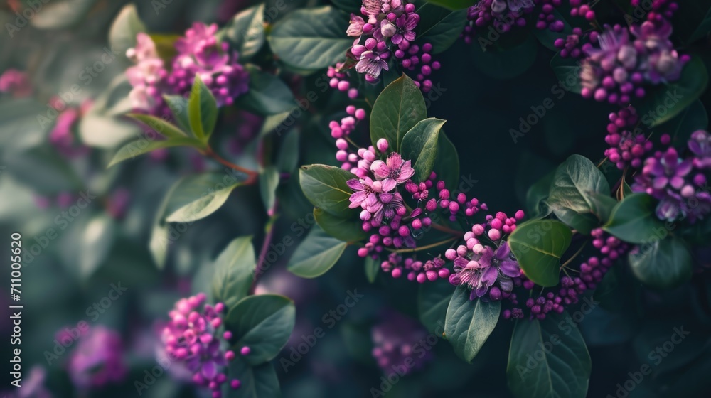 A bush of purple flowers with green leaves. Can be used to add a touch of color to any garden or floral arrangement A bush of purple flowers with green leaves. Can be used to add a touch of color to any garden or floral arrangement