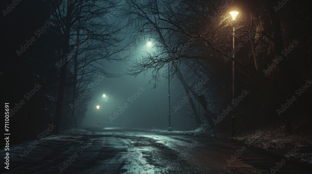 Obraz premium A picture of a street light illuminating a snowy road at night. Perfect for winter-themed designs and concepts