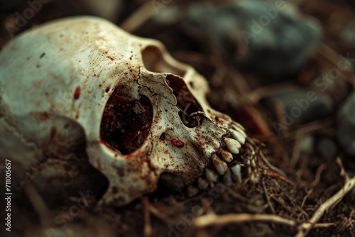 A close-up photograph of a dead animal skull lying on the ground. This image can be used to depict themes of death, decay, or the natural cycle of life © Fotograf