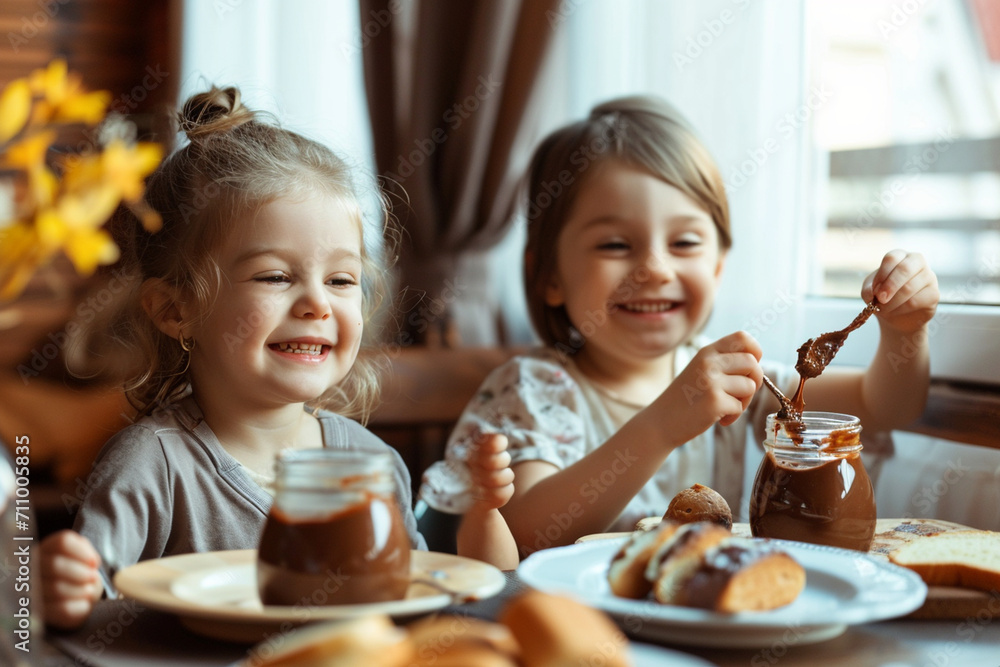 kids eating nutella in breakfast kids eating nutella in breakfast