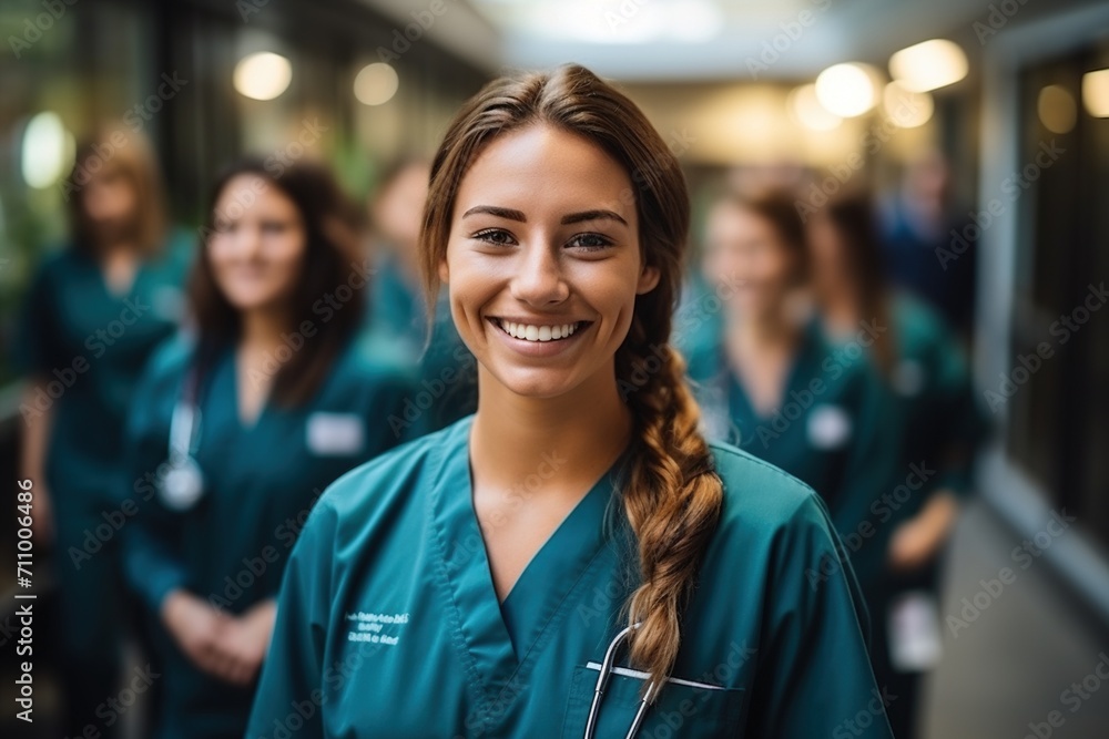 Confident female doctor or nurse in scrubs smiling at the camera Confident female doctor or nurse in scrubs smiling at the camera