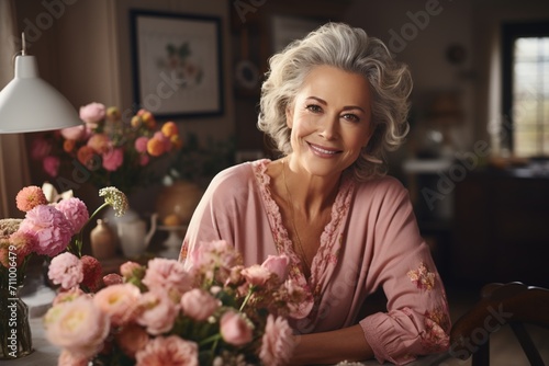 Portrait of a smiling mature woman with flowers © duyina1990