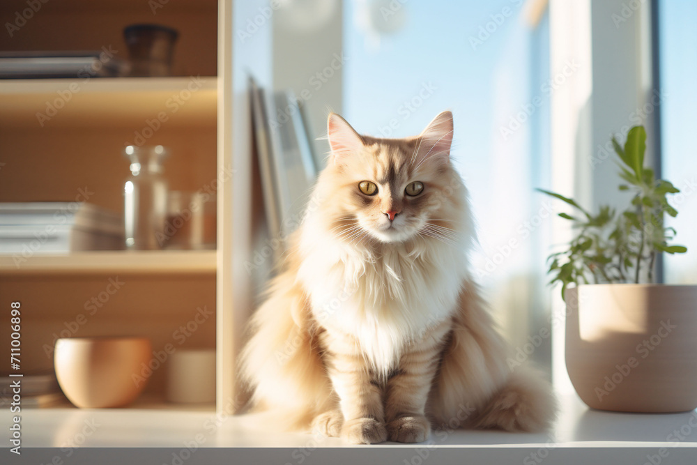 A cream-furred cat sits gracefully by a window, basking in the sunlight amidst houseplants. The peaceful setting is ideal for themes of tranquility and home comfort advertising.