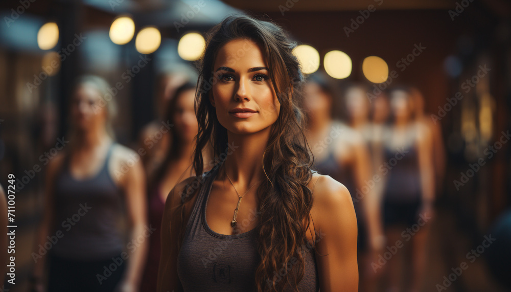 Smiling young woman enjoying nightlife with friends generated by AI