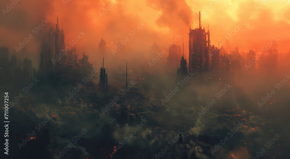 Fog and smoke in the city at sunset Fog and smoke in the city at sunset
