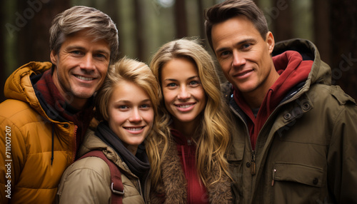 A joyful group of friends hiking in autumn generated by AI