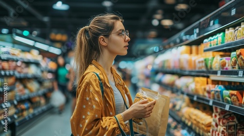Young surprised happy customer woman wear casual clothes look camera hold paper bag shopping at supermaket store grocery shop buying choose products in hypermarket. Purchasing food gastronomy concept. photo