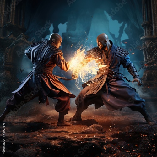 Epic fantasy battle between two kung fu monks