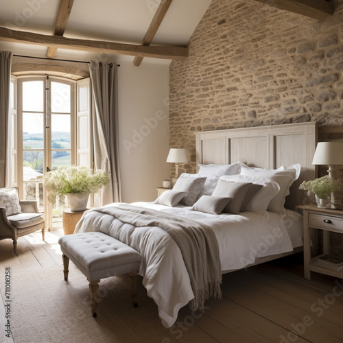 French country interior design of modern bedroom in farmhouse