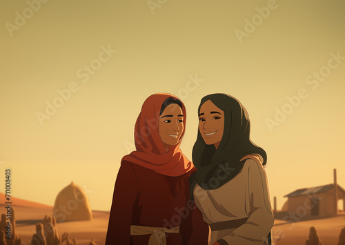 Two Israelite women talking in the wilderness