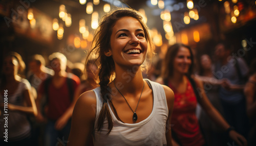 Smiling young adults enjoy nightlife, carefree and joyful generated by AI